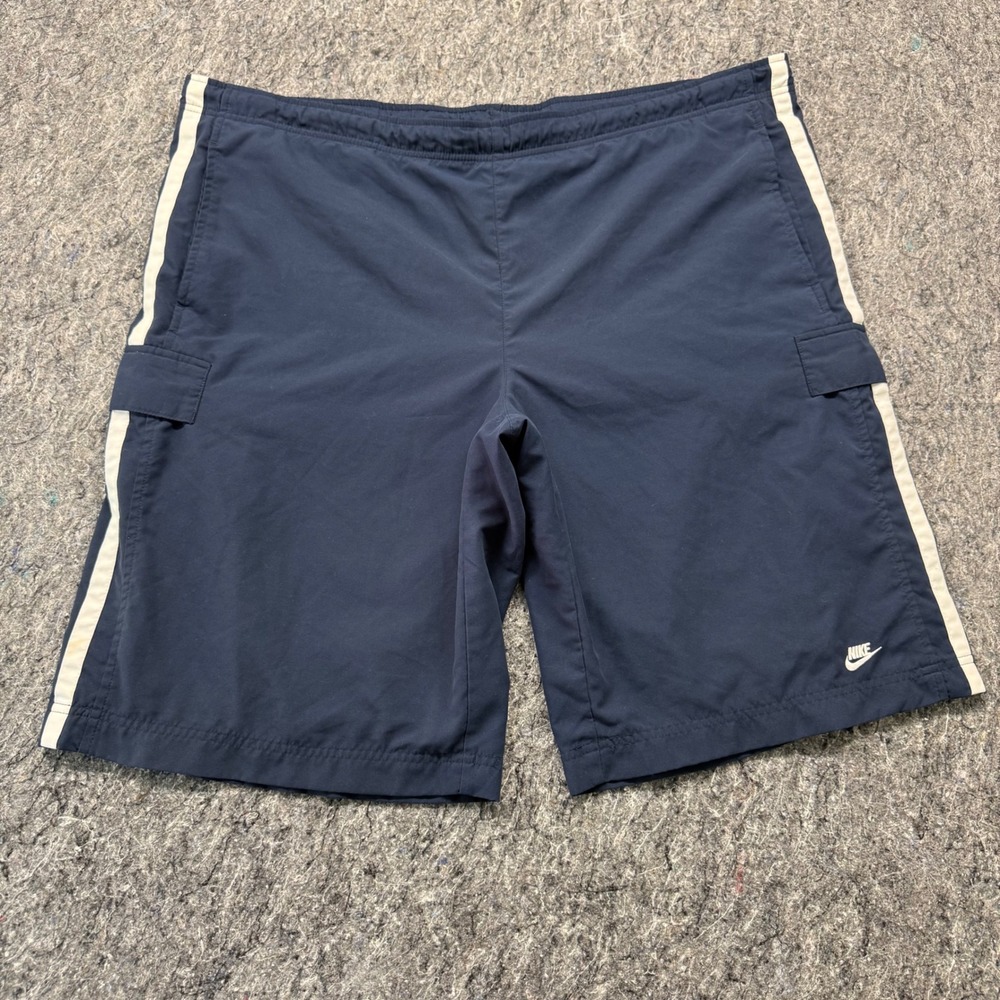 Nike Mens XXL Navy Blue Cargo Athletic Shorts White Stripe Mesh Lined Sportswear